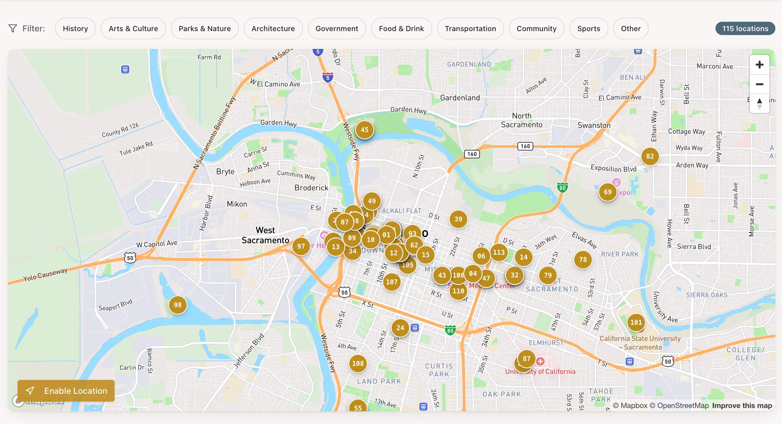 A Mapbox view of central Sacramento with roughly forty numbered pins clustered tight around downtown and midtown, thinning out toward Land Park, River Park, and Sac State. Filter chips run along the top: History, Arts & Culture, Parks & Nature, Architecture, Government, Food & Drink, Transportation, Community, Sports, Other. A counter in the corner reads 115 locations.