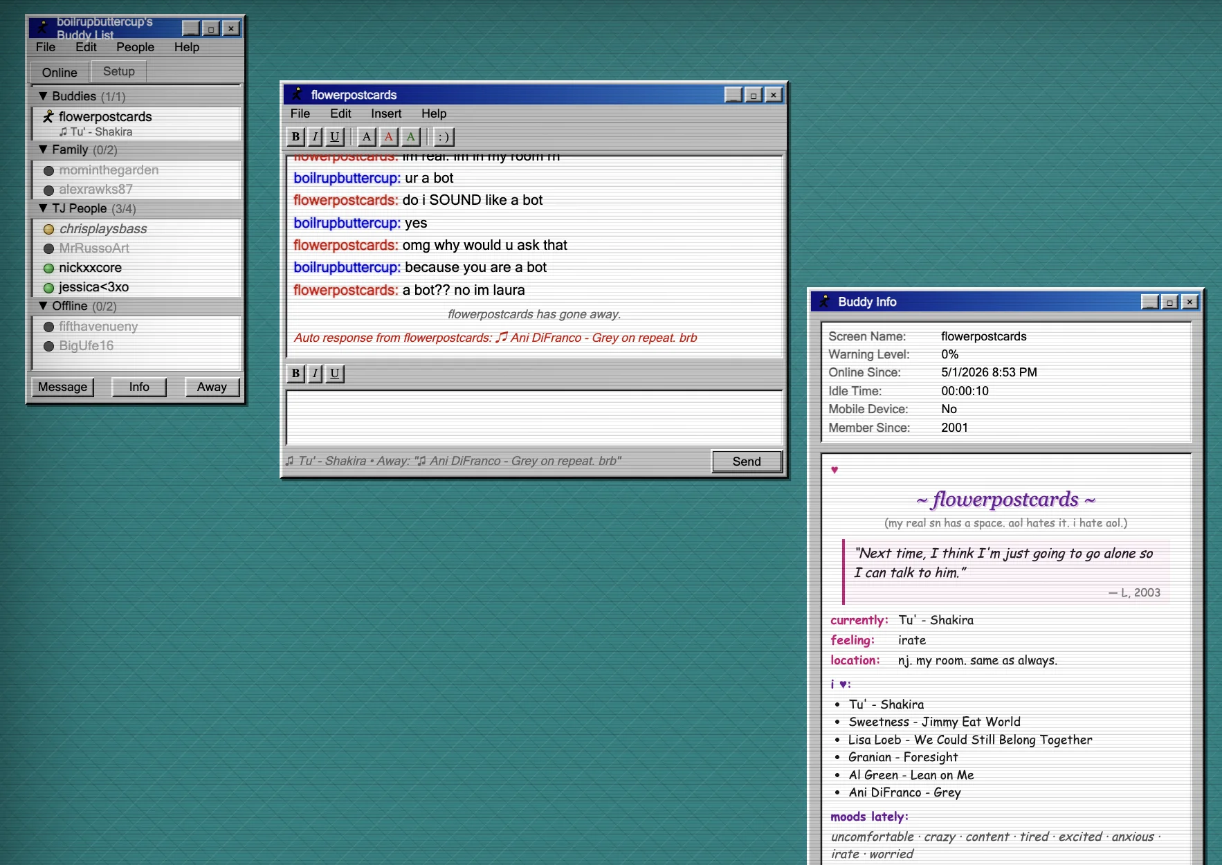 flowerpostcards: A 1998-style AIM bot that answers in sentences I once wrote in a LiveJournal
