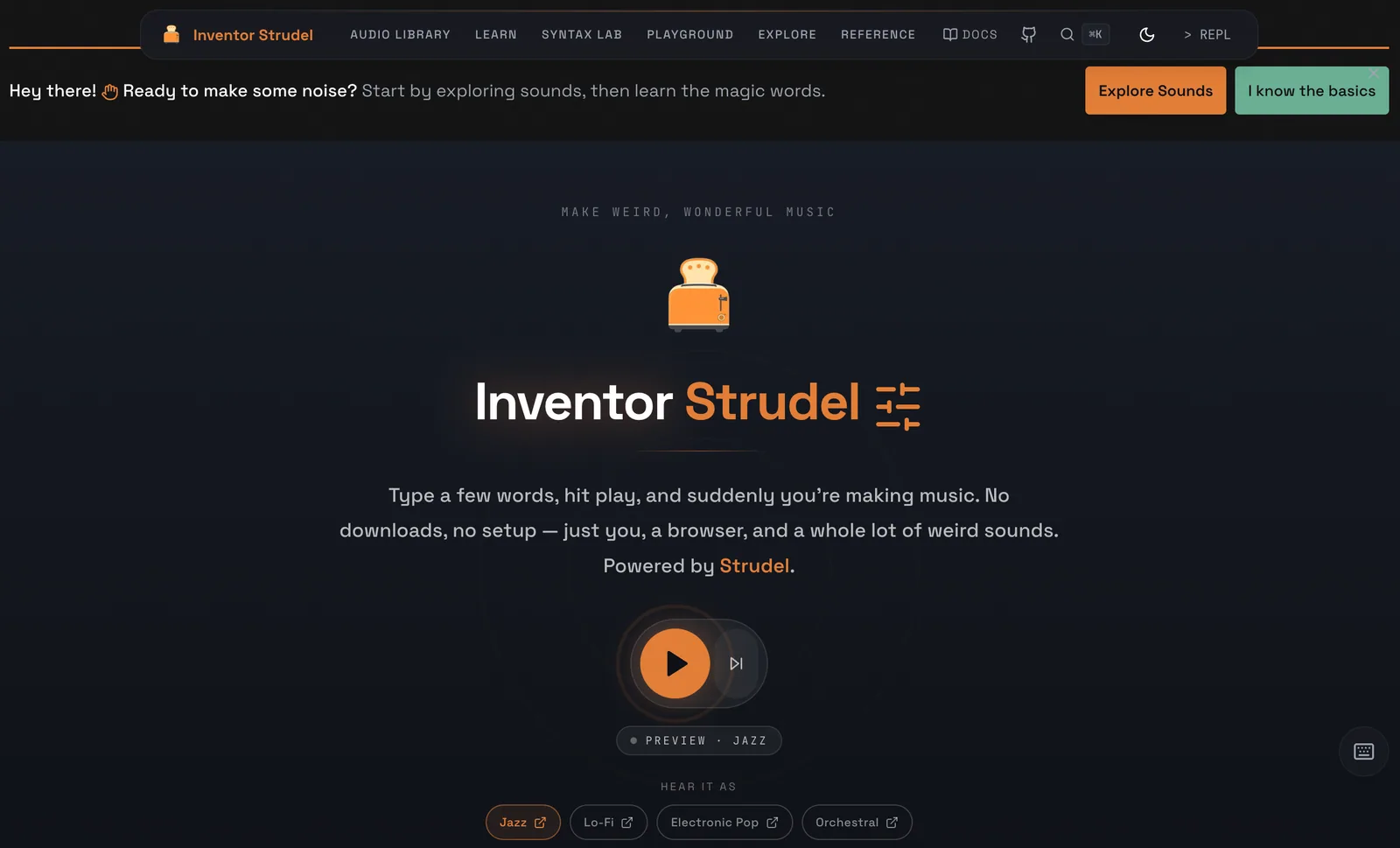 Inventor Strudel homepage rotating four full-arrangement demos