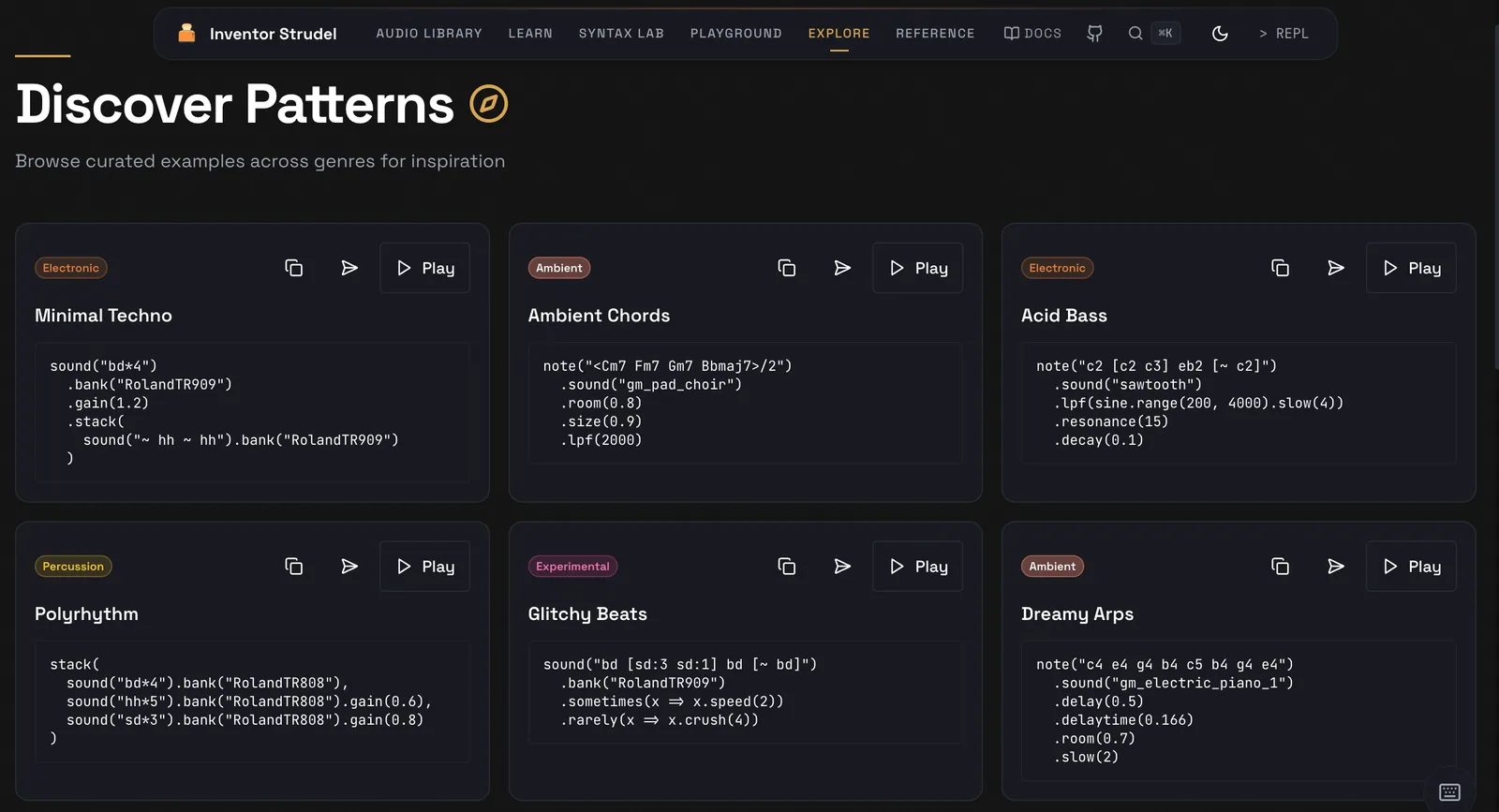 Inventor Strudel Patterns gallery sorted by mood and genre