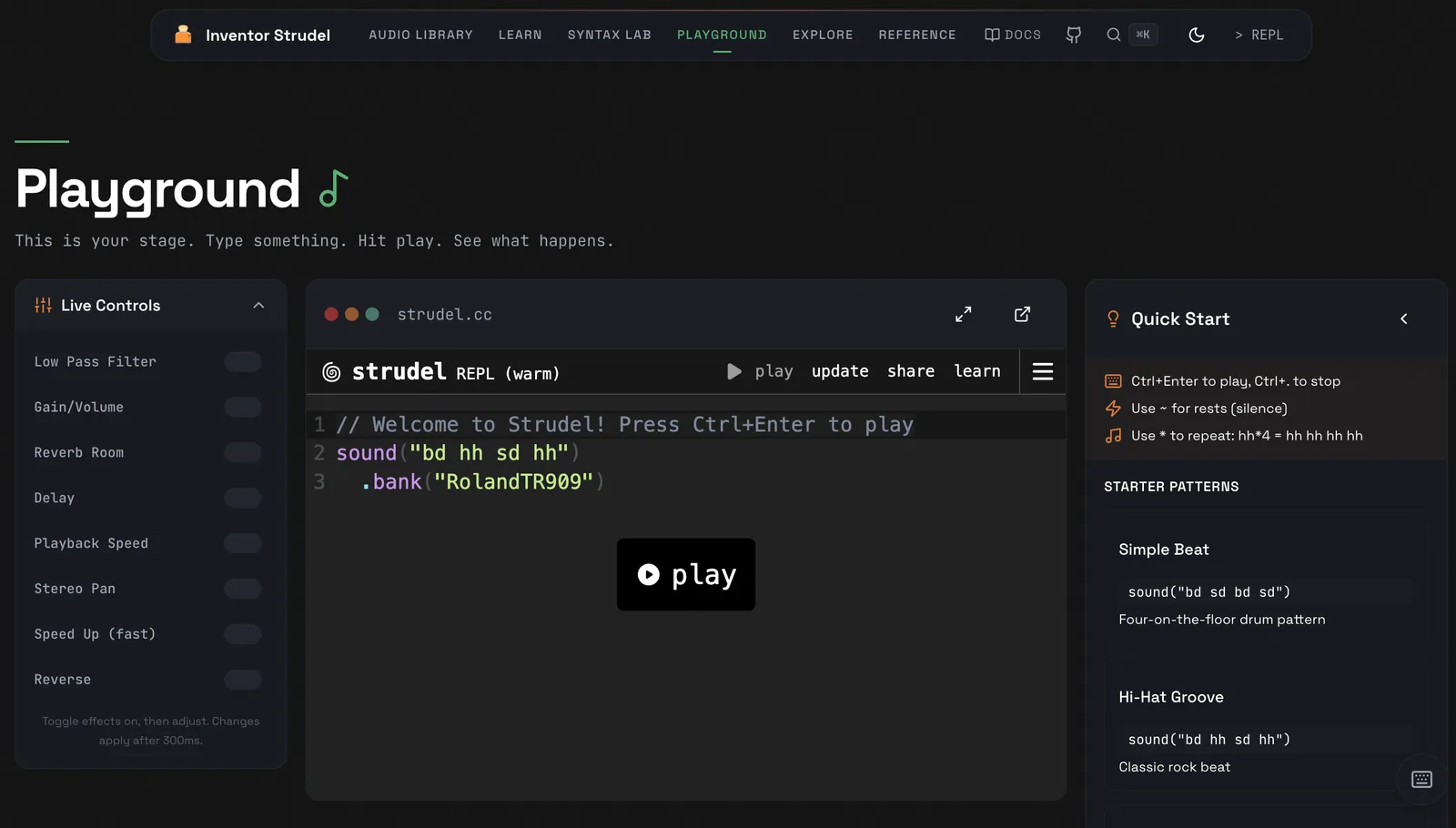Inventor Strudel live-coding playground