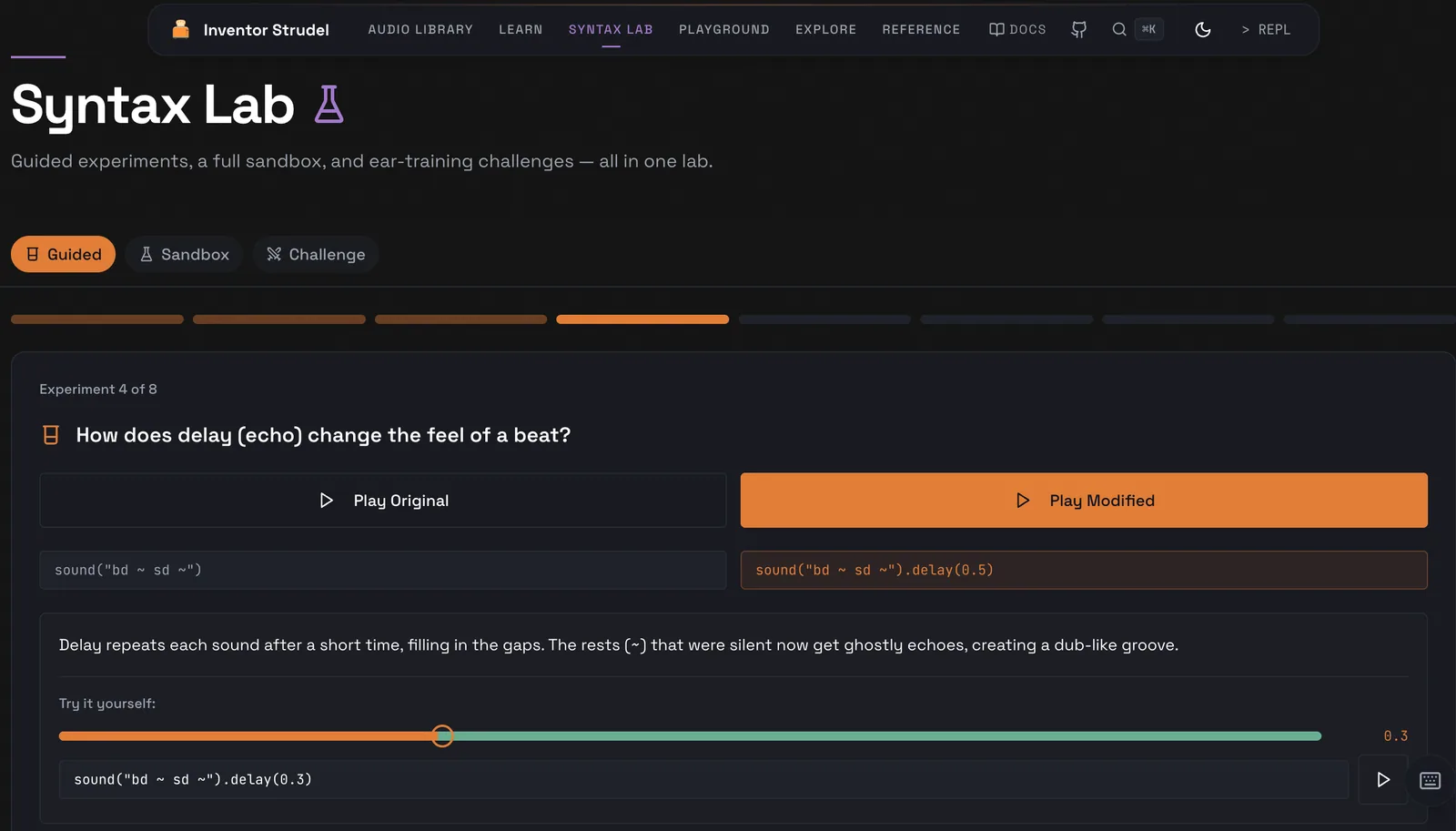 Syntax Lab running an A/B comparison of two Strudel patterns