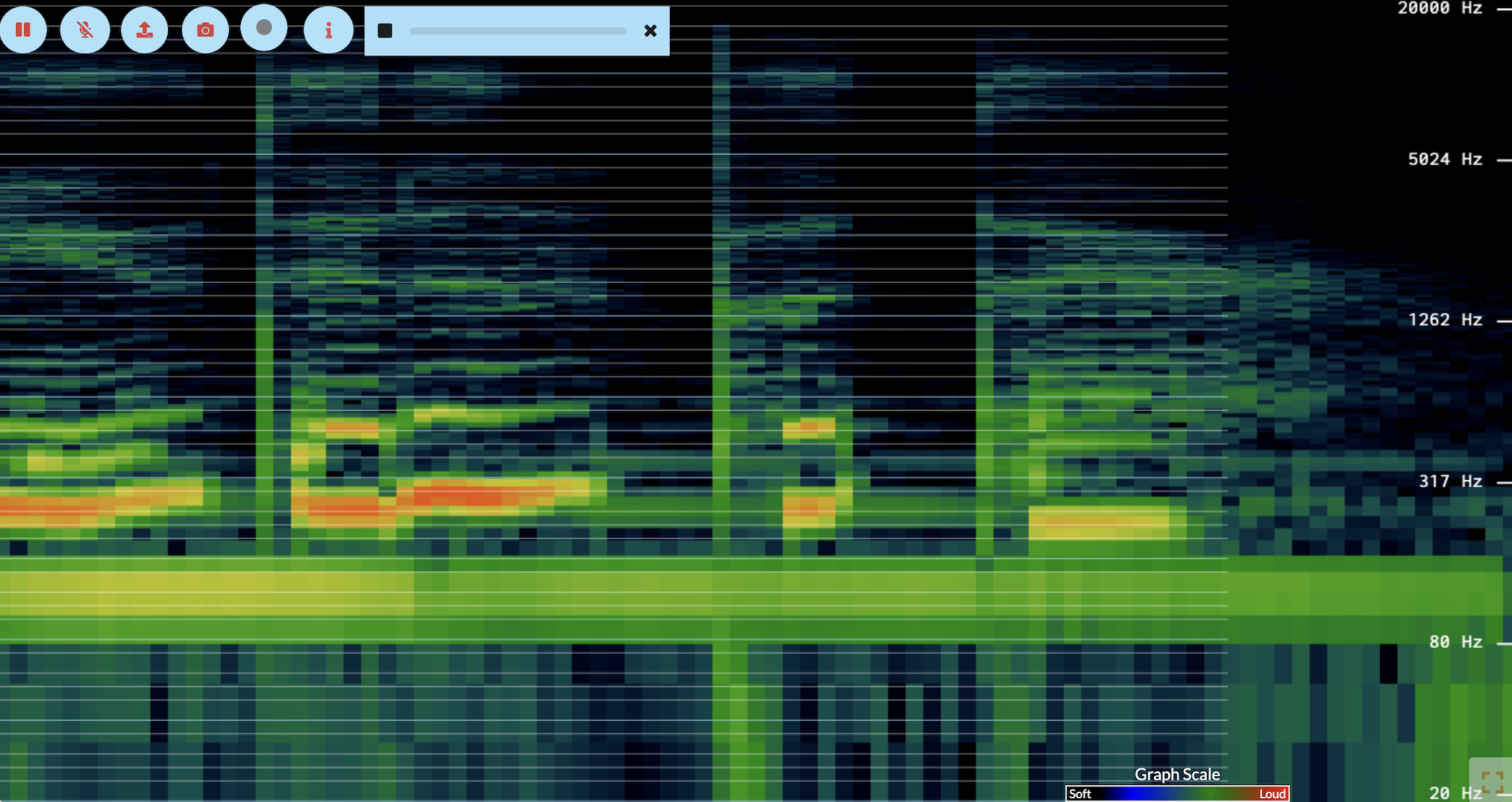 A spectrogram of one section of Letter to a Future Me. Bright orange-red bands appear in the vocal range between roughly 80 and 317 Hz, with vertical gaps where the singer breathes. A continuous green band runs along the bottom: the room tone of the dry single-room recording.