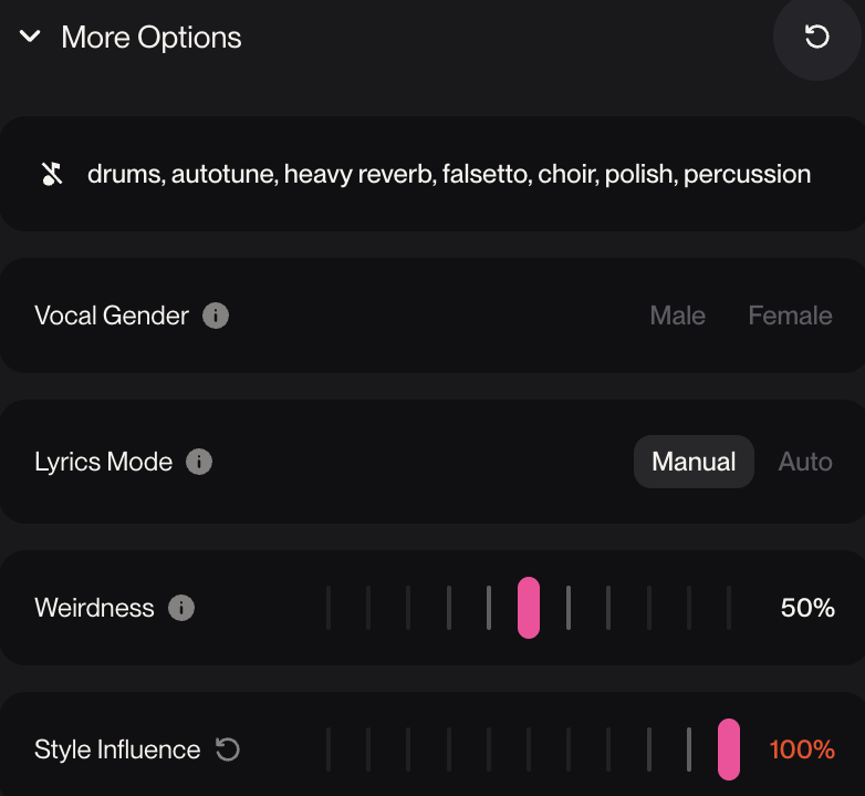 Suno's More Options panel for Letter to a Future Me. Excluded styles list reads: drums, autotune, heavy reverb, falsetto, choir, polish, percussion. Vocal Gender unselected. Lyrics Mode set to Manual. Weirdness at 50 percent. Style Influence at 100 percent.