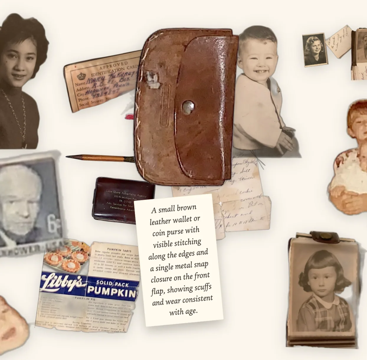 Pocketbook detail view: flat-lay of a bag's contents with per-item captions